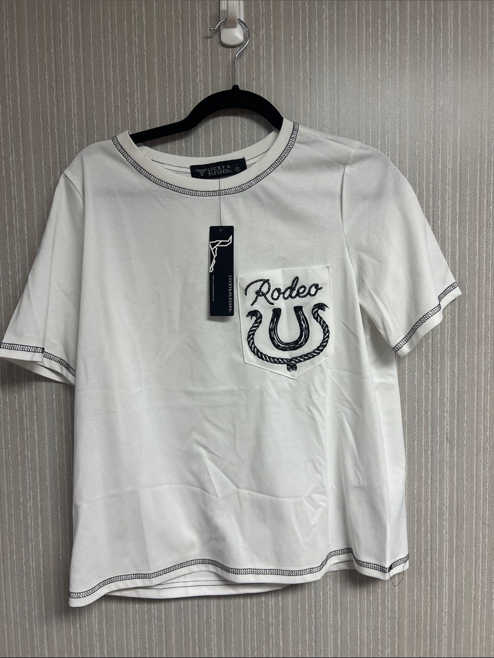 NWT S M Lucky & Blessed White Short Sleeve Tee Shirt rodeo western cowgirl